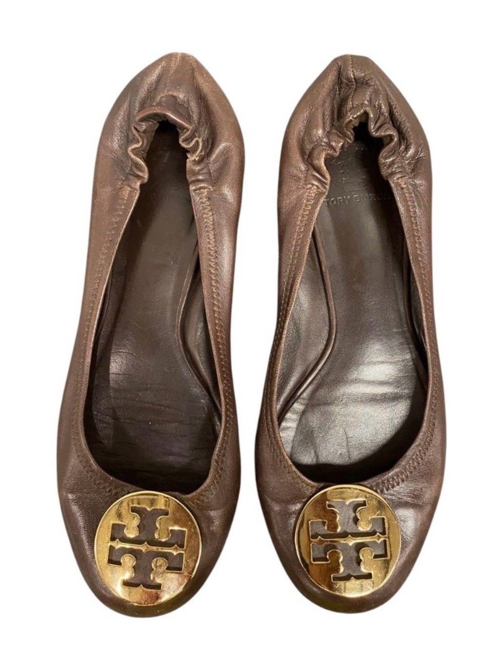 Tory Burch Brown Leather Logo Round-Toe Ballet Flats with Gold Emblem